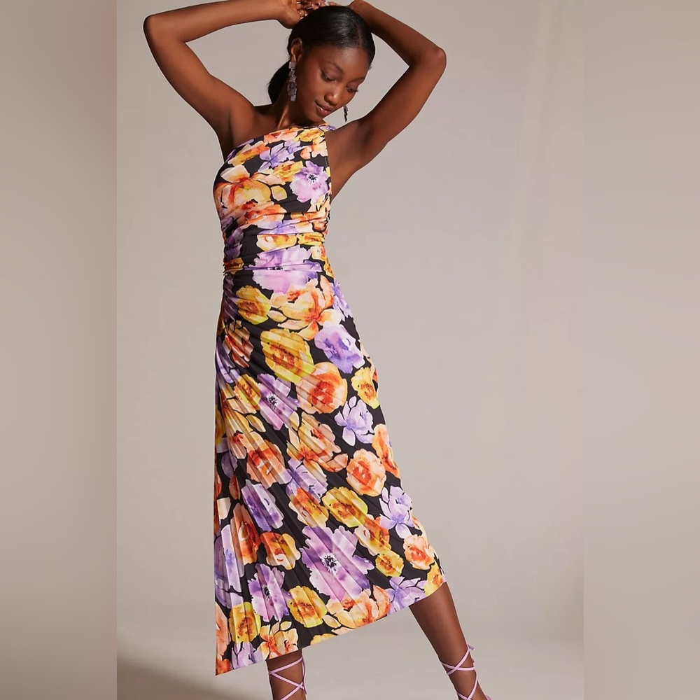 Anthropologie Geisha Designs Floral Asymmetrical Hem Midi Dress